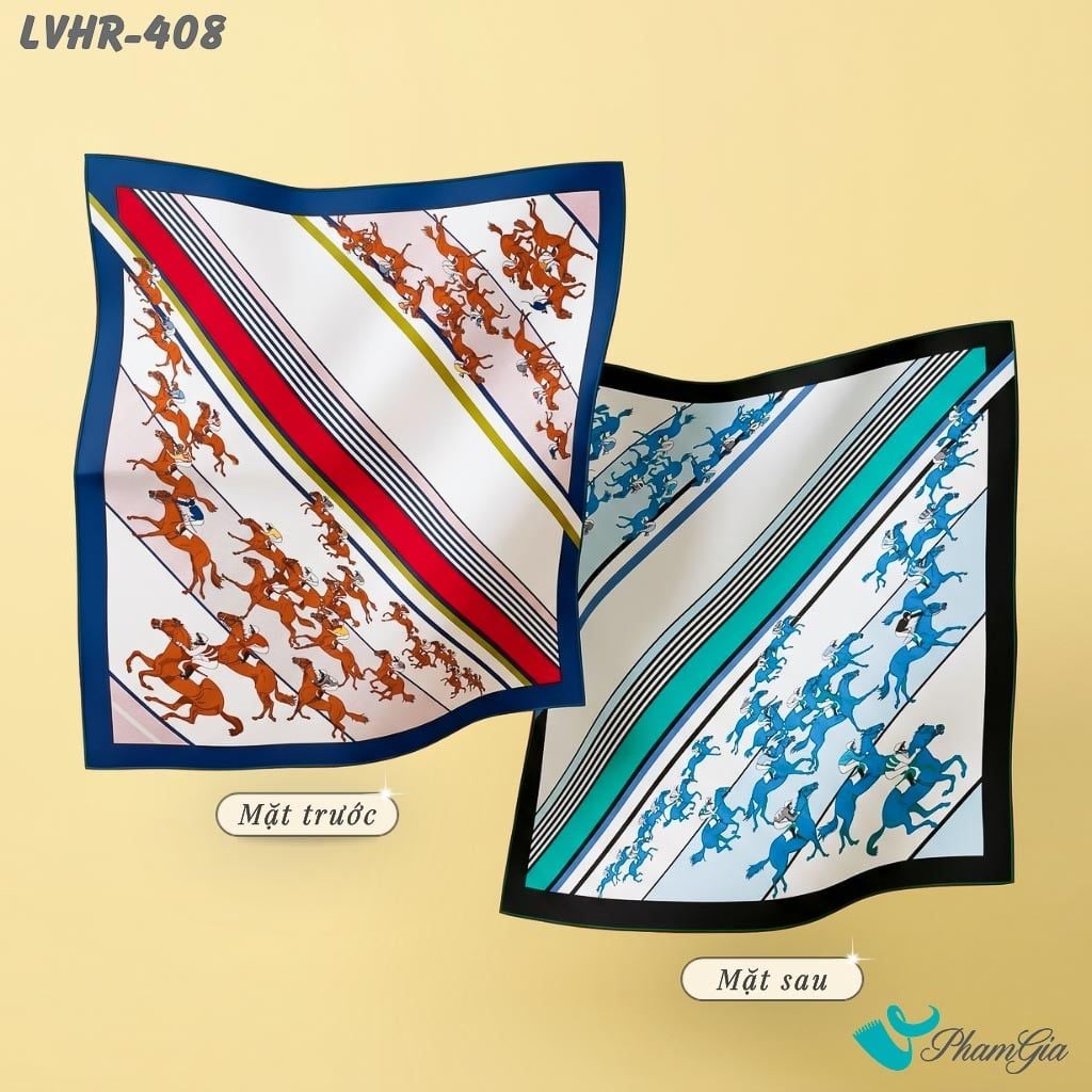 Khăn Lụa Vuông Hera 90*90Cm 2 Mặt Cao Cấp Hoạ Tiết Đường Đua Kỵ Sĩ Màu Trắng Viền Xanh Hiện Đại (LVHR408)