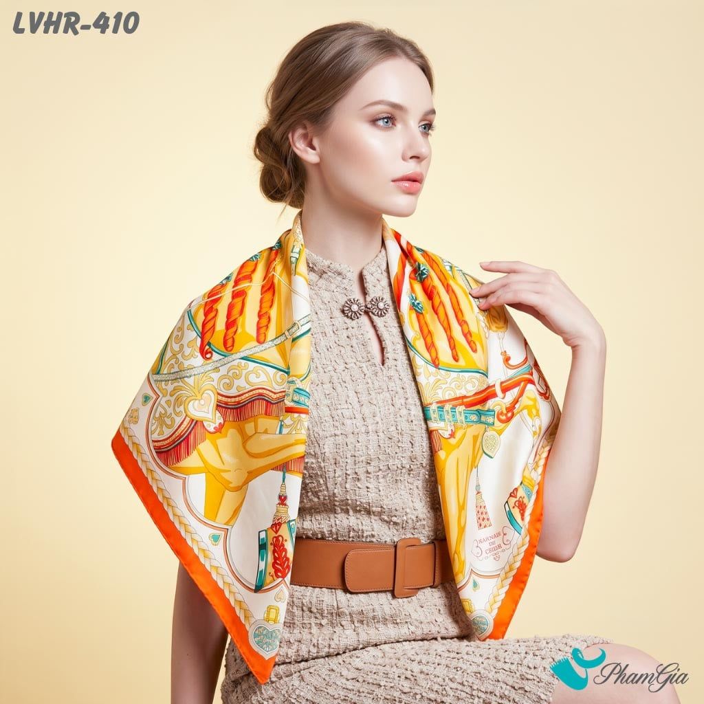 Khăn Lụa Vuông Hera 90*90Cm 2 Mặt Cao Cấp Hoạ Tiết Kỵ Binh Hoàng Gia Màu Cam Hiện Đại (LVHR410)