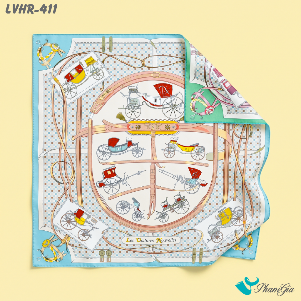 Khăn Lụa Vuông Hera 90*90Cm 2 Mặt Cao Cấp Hoạ Tiết Cỗ Xe Cổ Điển Màu Xanh Ngọc Sang Trọng (LVHR411)