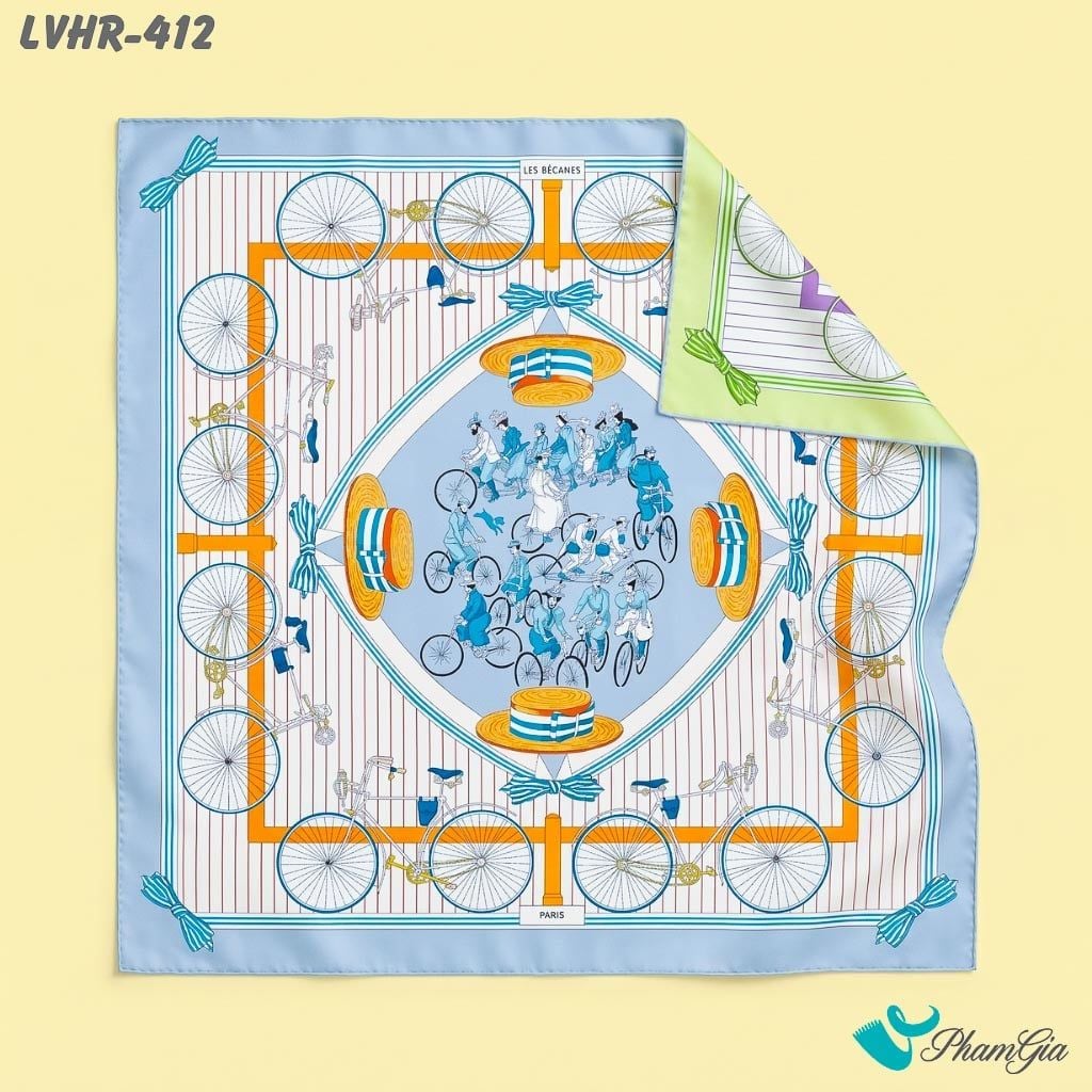 Khăn Lụa Vuông Hera 90*90Cm 2 Mặt Cao Cấp Hoạ Tiết Xe Đạp Cổ Điển Màu Xanh Ghi Sang Trọng (LVHR412)