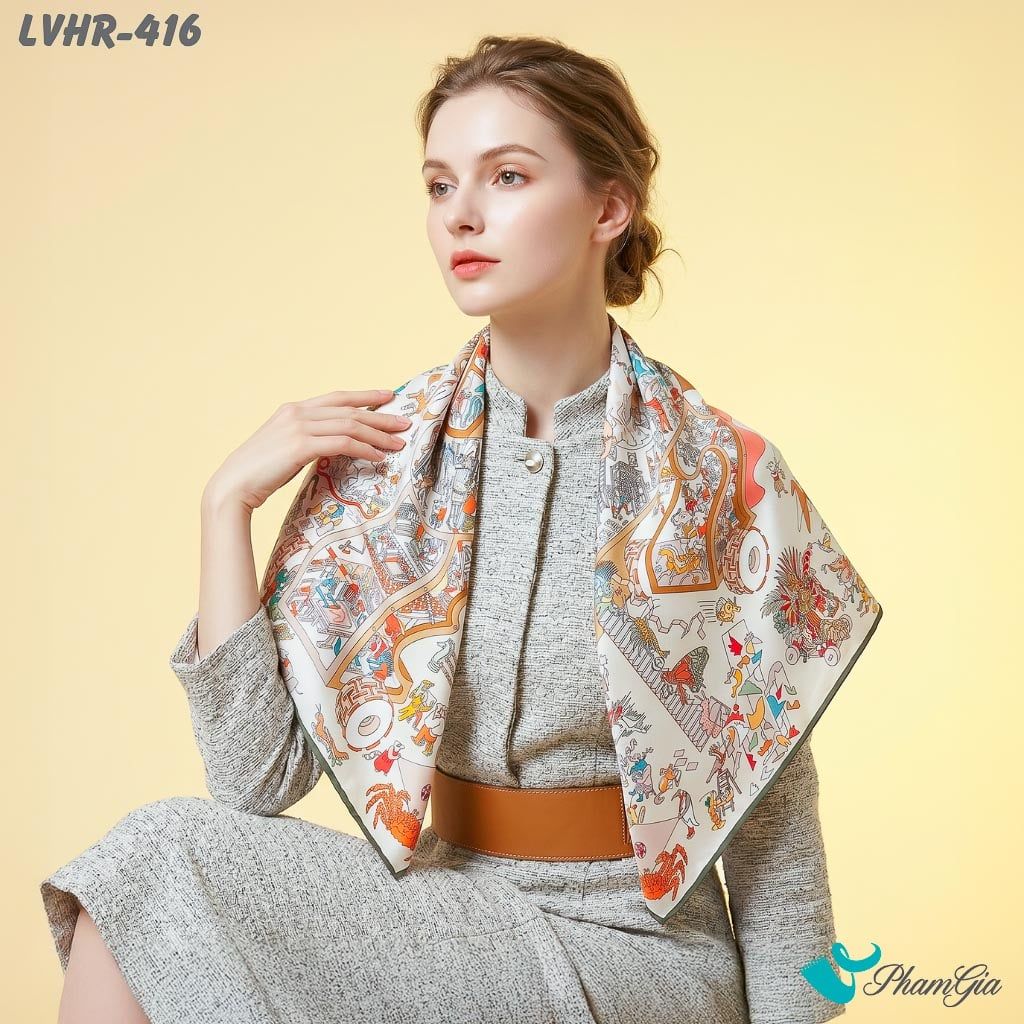 Khăn Lụa Vuông Hera 90*90Cm 2 Mặt Cao Cấp Hoạ Tiết Thế Giới Muông Thú Phối Nền Màu Kem Ấn Tượng (LVHR416)