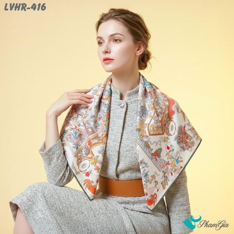 Khăn Lụa Vuông Hera 90*90Cm 2 Mặt Cao Cấp Hoạ Tiết Thế Giới Muông Thú Phối Nền Màu Kem Ấn Tượng (LVHR416)