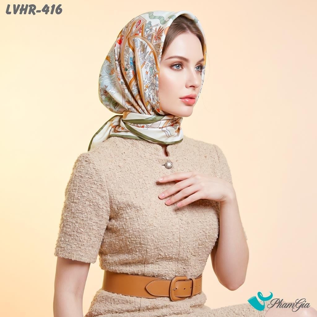 Khăn Lụa Vuông Hera 90*90Cm 2 Mặt Cao Cấp Hoạ Tiết Thế Giới Muông Thú Phối Nền Màu Kem Ấn Tượng (LVHR416)