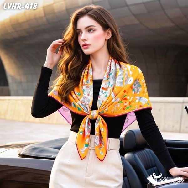 Khăn Lụa Vuông Hera 90*90Cm 2 Mặt Cao Cấp Hoạ Tiết Thế Giới Muông Thú Phối Nền Màu Cam Ấn Tượng (LVHR418)