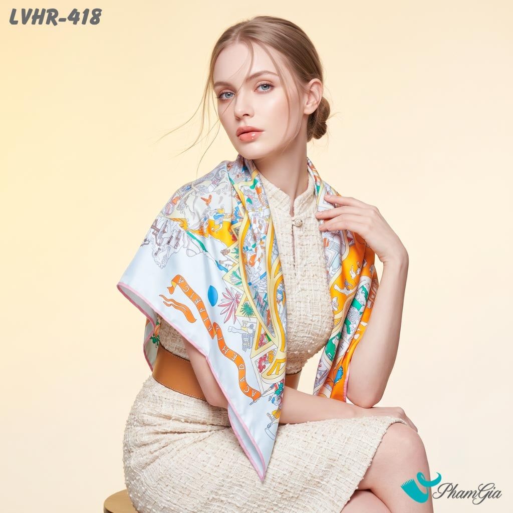 Khăn Lụa Vuông Hera 90*90Cm 2 Mặt Cao Cấp Hoạ Tiết Thế Giới Muông Thú Phối Nền Màu Cam Ấn Tượng (LVHR418)