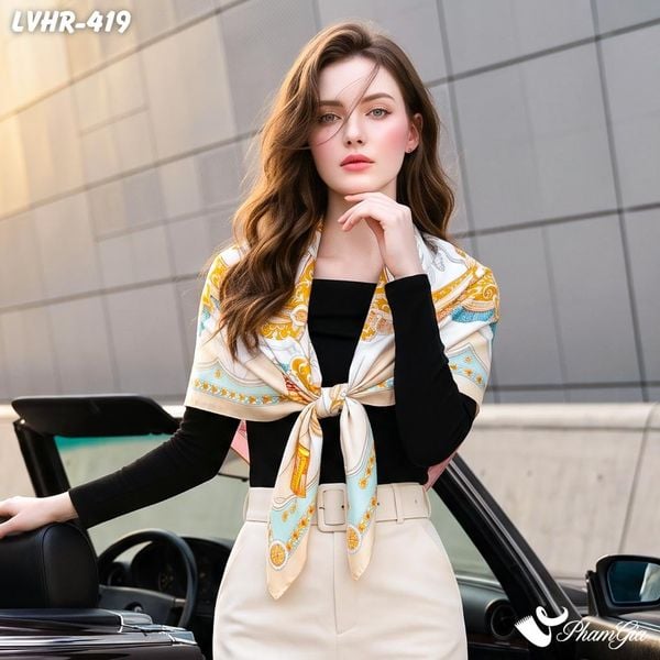 Khăn Lụa Vuông Hera 90*90Cm 2 Mặt Cao Cấp Hoạ Tiết Kỵ Binh Hoàng Gia Màu Xanh Hiện Đại (LVHR419)