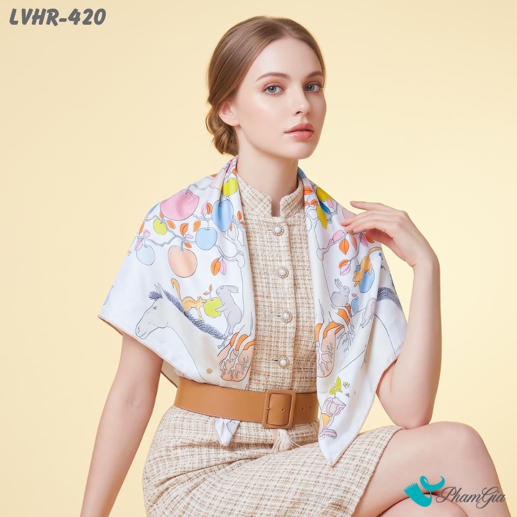 Khăn Lụa Vuông Hera 90*90Cm 2 Mặt Cao Cấp Hoạ Tiết Ngựa Trắng Vườn Táo Màu Đa Sắc Trẻ Trung (LVHR420)