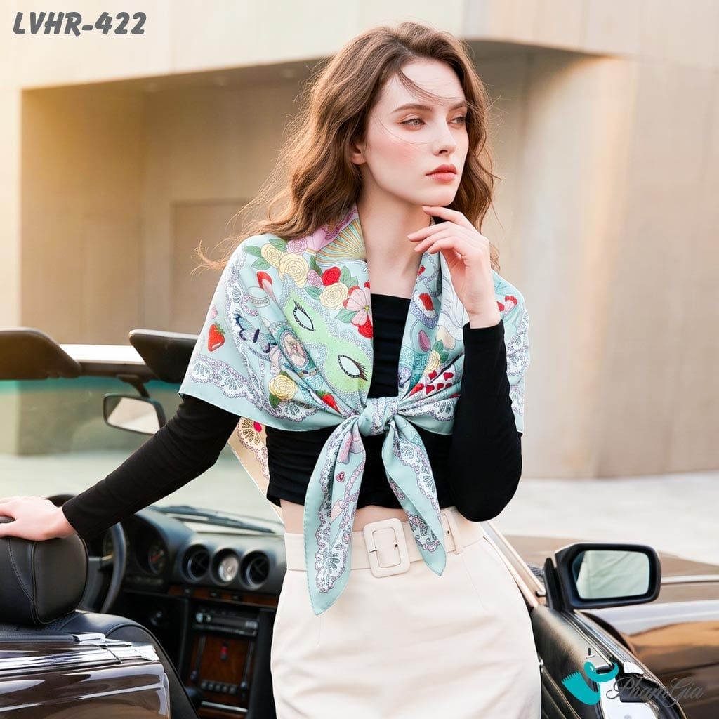 Khăn Lụa Vuông Hera 90*90Cm 2 Mặt Cao Cấp Hoạ Tiết Dạ Hội Hoàng Gia Màu Xanh Pastel Sang Trọng (LVHR422)