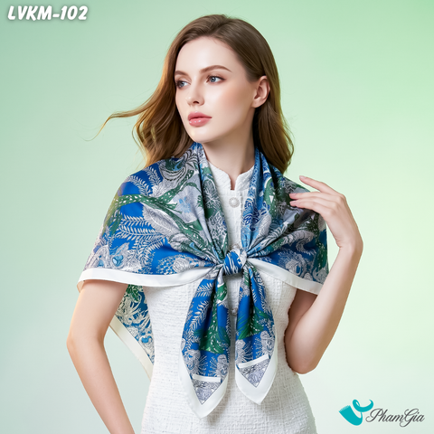 Khăn Lụa Vuông Karma 90*90Cm Cao Cấp Họa Tiết Hoa Lá Phong Cách Botanical (LVKM102)