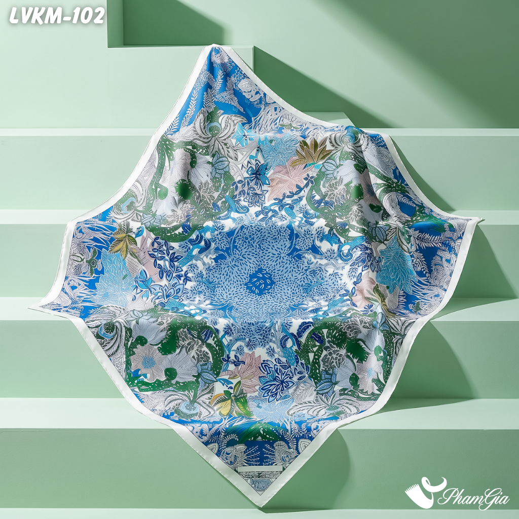 Khăn Lụa Vuông Karma 90*90Cm Cao Cấp Họa Tiết Hoa Lá Phong Cách Botanical (LVKM102)