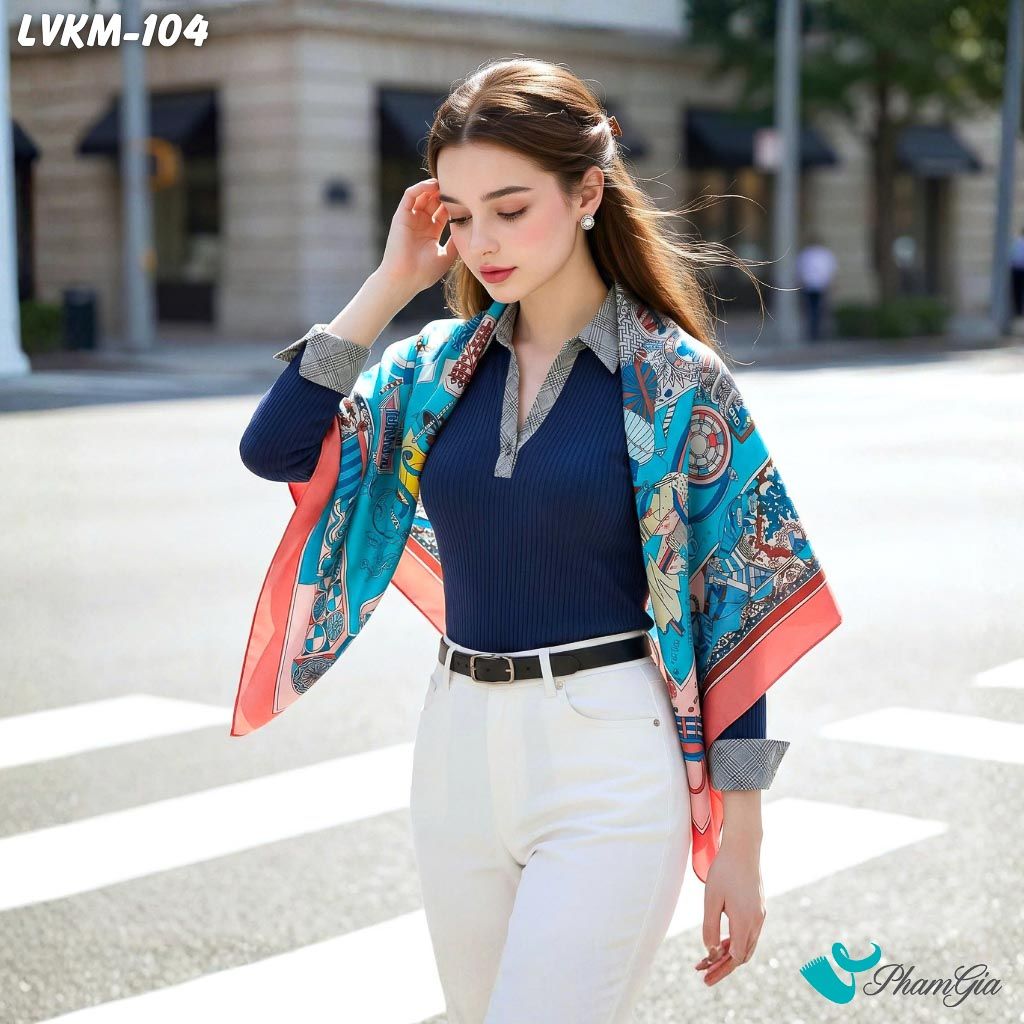 Khăn Lụa Vuông 90*90Cm Cao Cấp Họa Tiết Nghệ Thuật Phối Màu Viền Hồng Cá Tính (LVKM104)