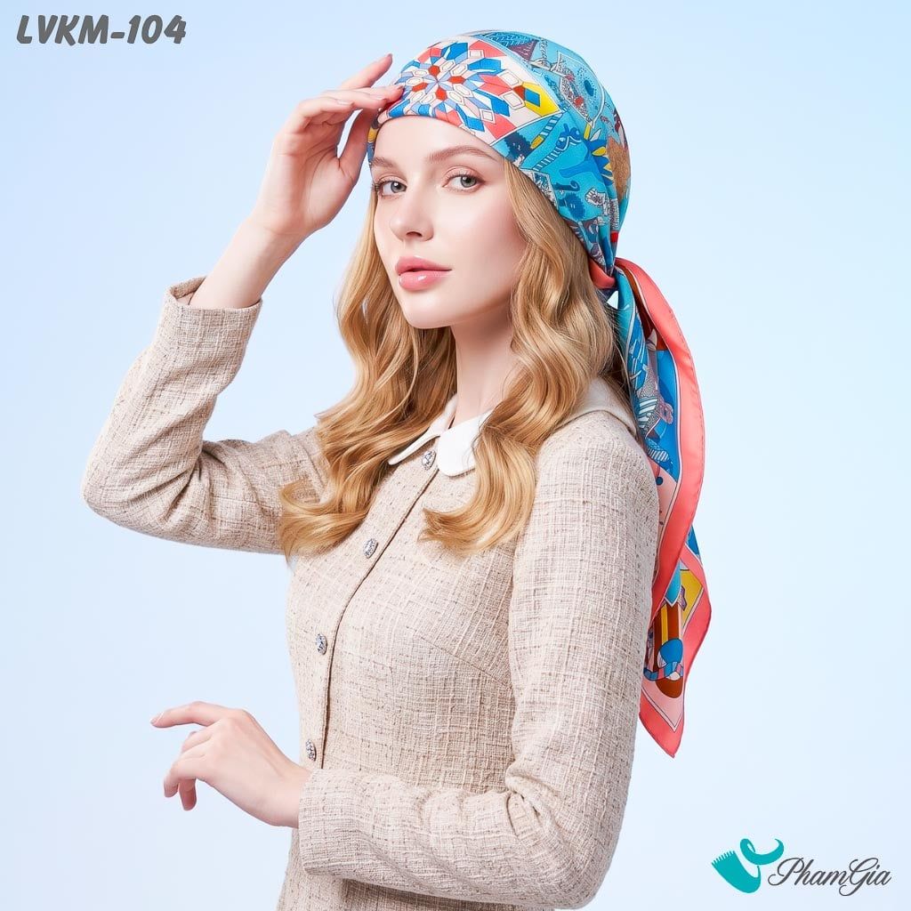 Khăn Lụa Vuông Karma 90*90Cm Cao Cấp Họa Tiết Nghệ Thuật Phối Màu Viền Hồng Cá Tính (LVKM104)