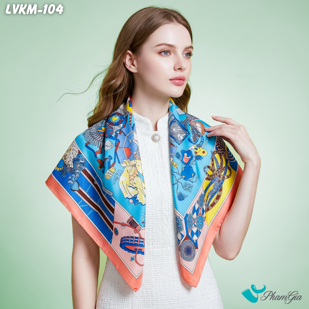 Khăn Lụa Vuông Karma 90*90Cm Cao Cấp Họa Tiết Nghệ Thuật Phối Màu Viền Hồng Cá Tính (LVKM104)