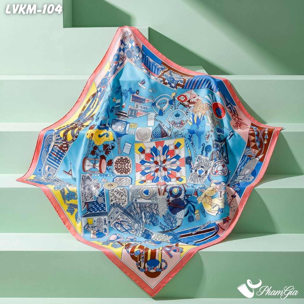 Khăn Lụa Vuông Karma 90*90Cm Cao Cấp Họa Tiết Nghệ Thuật Phối Màu Viền Hồng Cá Tính (LVKM104)