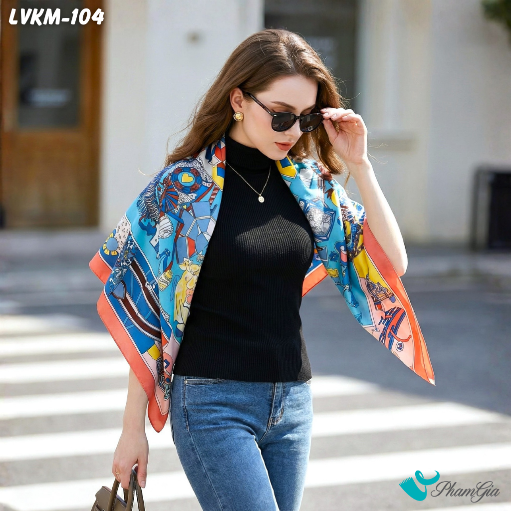 Khăn Lụa Vuông 90*90Cm Cao Cấp Họa Tiết Nghệ Thuật Phối Màu Viền Hồng Cá Tính (LVKM104)