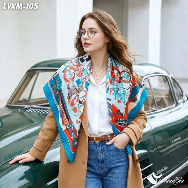 Khăn Lụa Vuông 90*90Cm Cao Cấp Họa Tiết Nghệ Thuật Phối Màu Viền Xanh Cá Tính (LVKM105)