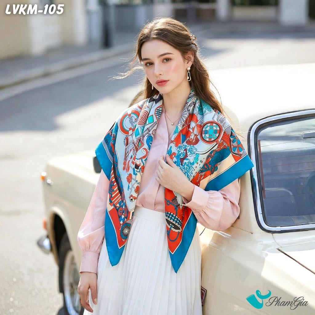 Khăn Lụa Vuông 90*90Cm Cao Cấp Họa Tiết Nghệ Thuật Phối Màu Viền Xanh Cá Tính (LVKM105)