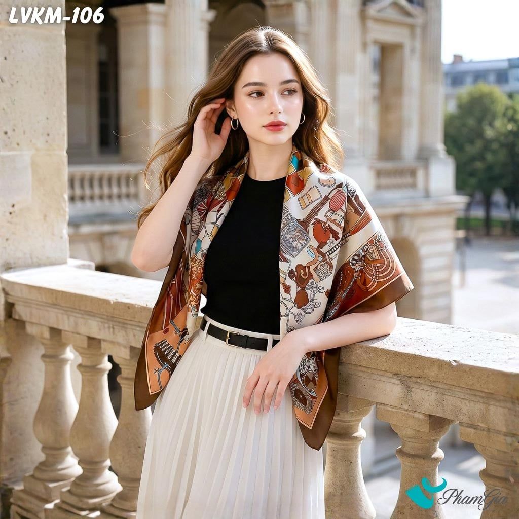 Khăn Lụa Vuông 90*90Cm Cao Cấp Họa Tiết Nghệ Thuật Phối Màu Viền Nâu Cá Tính (LVKM106)