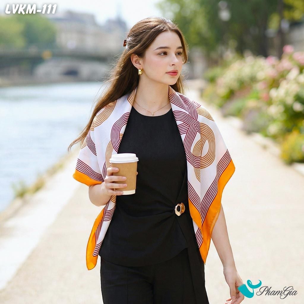 Khăn Lụa Vuông 90*90Cm Họa Tiết Retro Phối Viền Cam Hiện Đại (LVKM111)