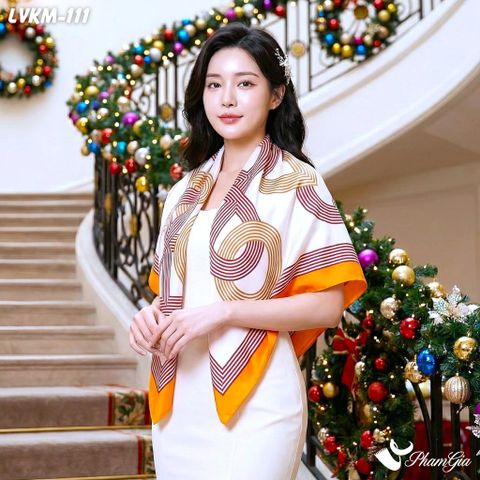Khăn Lụa Vuông 90*90Cm Họa Tiết Retro Phối Viền Cam Hiện Đại (LVKM111)