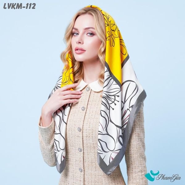 Khăn Lụa Vuông Karma 90*90Cm Họa Tiết Hoa Lily Viền Xám Thanh Lịch (LVKM112)