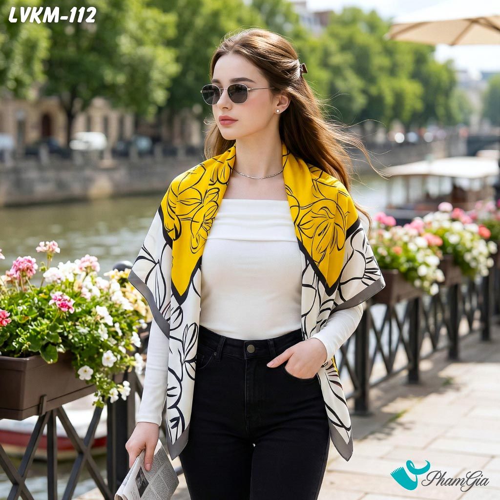 Khăn Lụa Vuông 90*90Cm Họa Tiết Hoa Lily Viền Xám Thanh Lịch (LVKM112)