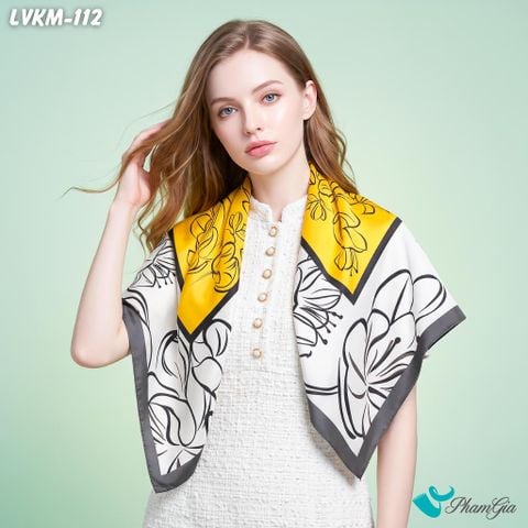 Khăn Lụa Vuông Karma 90*90Cm Họa Tiết Hoa Lily Viền Xám Thanh Lịch (LVKM112)