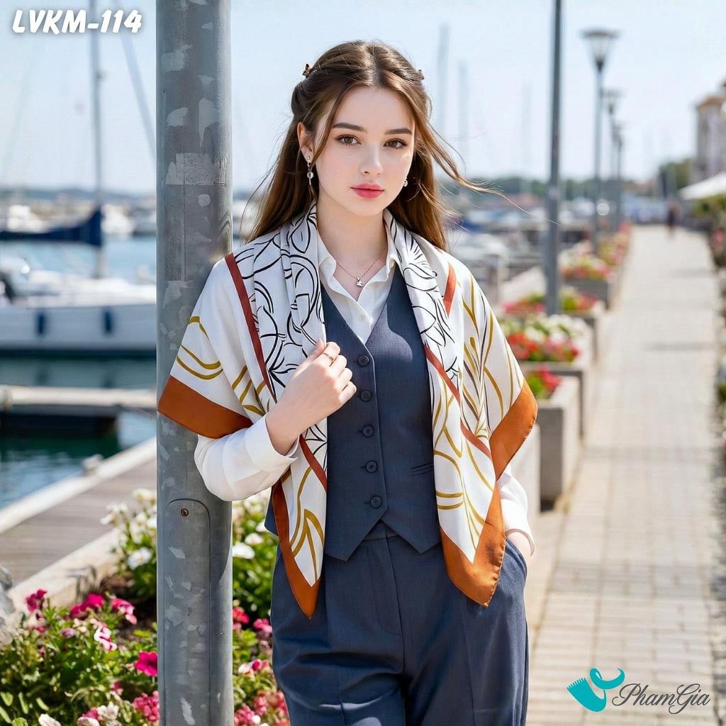 Khăn Lụa Vuông 90*90Cm Họa Tiết Hoa Lily Viền Cam Đất Thanh Lịch (LVKM114)