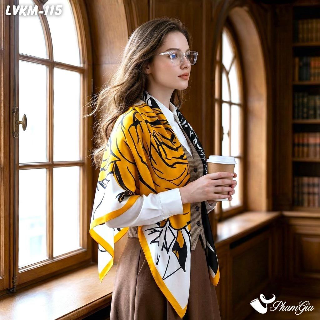 Khăn Lụa Vuông 90*90Cm Họa Tiết Hoa Hồng Màu Vàng Sang Trọng (LVKM115)