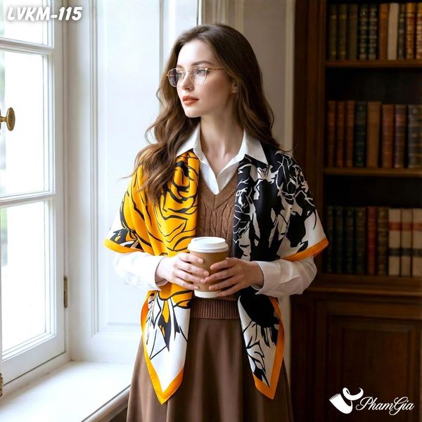 Khăn Lụa Vuông 90*90Cm Họa Tiết Hoa Hồng Màu Vàng Sang Trọng (LVKM115)