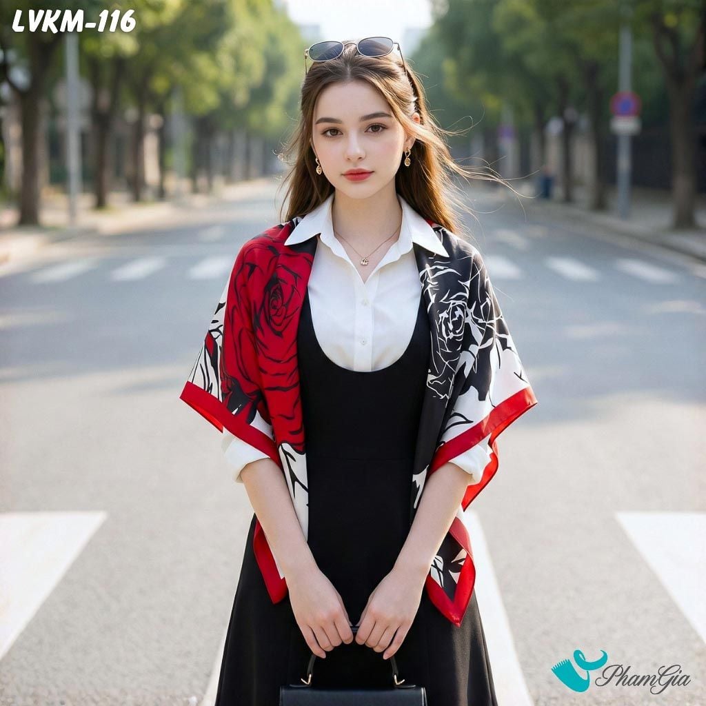 Khăn Lụa Vuông 90*90Cm Họa Tiết Hoa Hồng Màu Đỏ Nổi Bật (LVKM116)