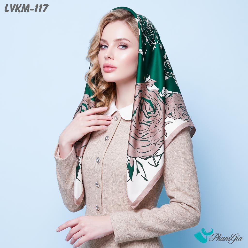 Khăn Lụa Vuông Karma 90*90Cm Họa Tiết Hoa Hồng Màu Xanh Cá Tính (LVKM117)