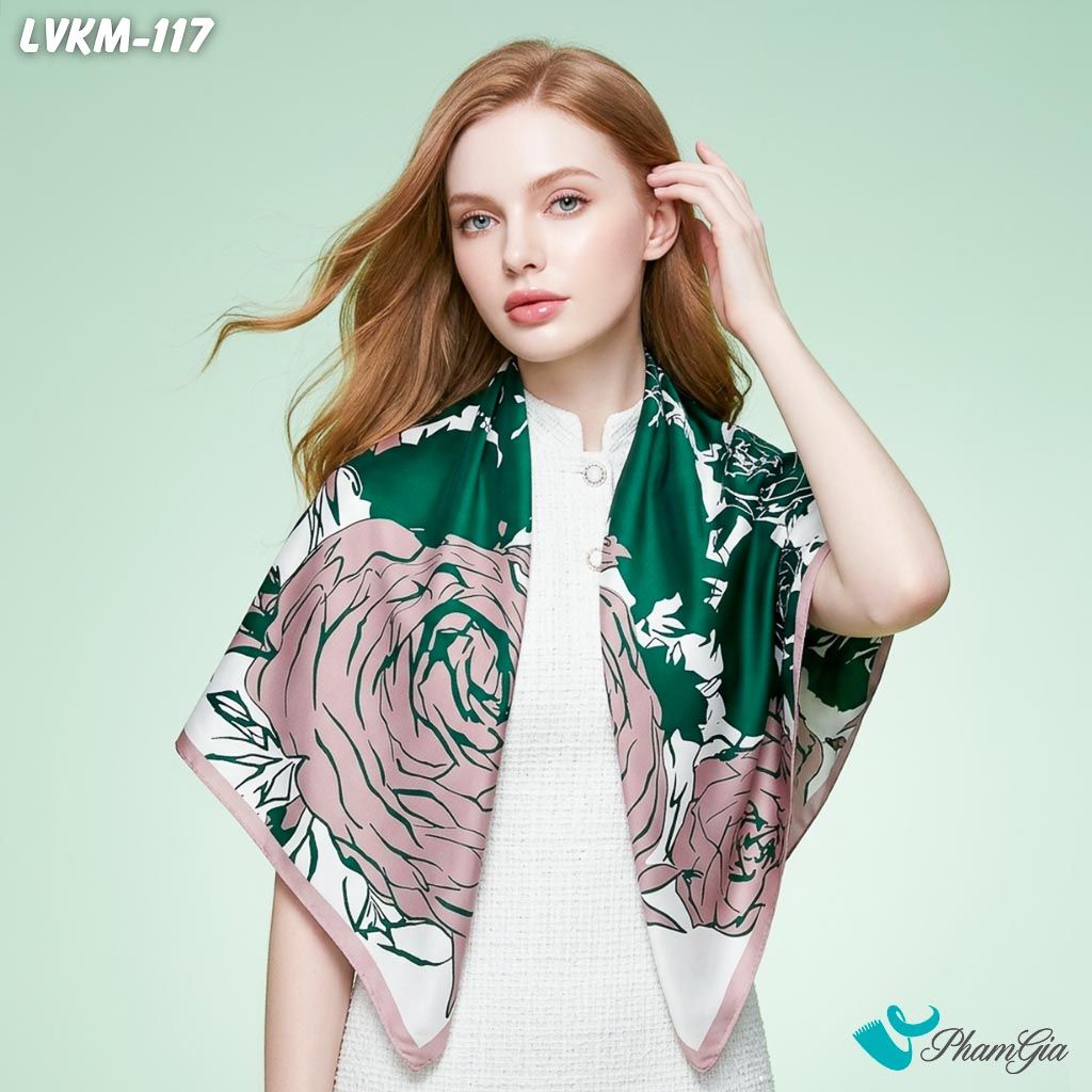 Khăn Lụa Vuông Karma 90*90Cm Họa Tiết Hoa Hồng Màu Xanh Cá Tính (LVKM117)