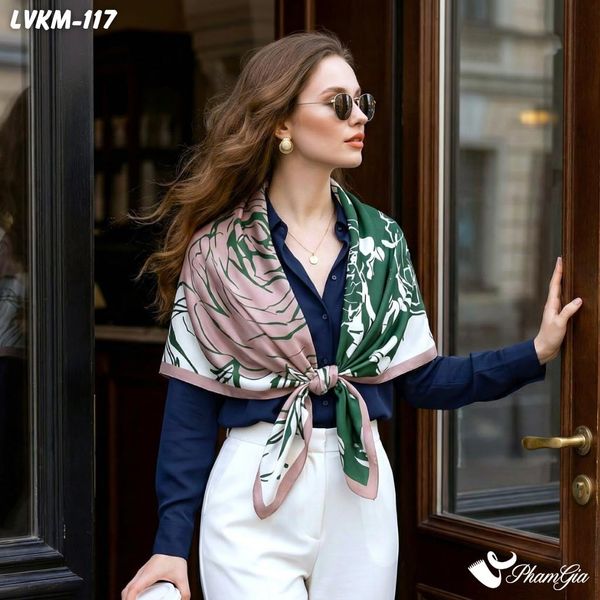 Khăn Lụa Vuông 90*90Cm Họa Tiết Hoa Hồng Màu Xanh Cá Tính (LVKM117)