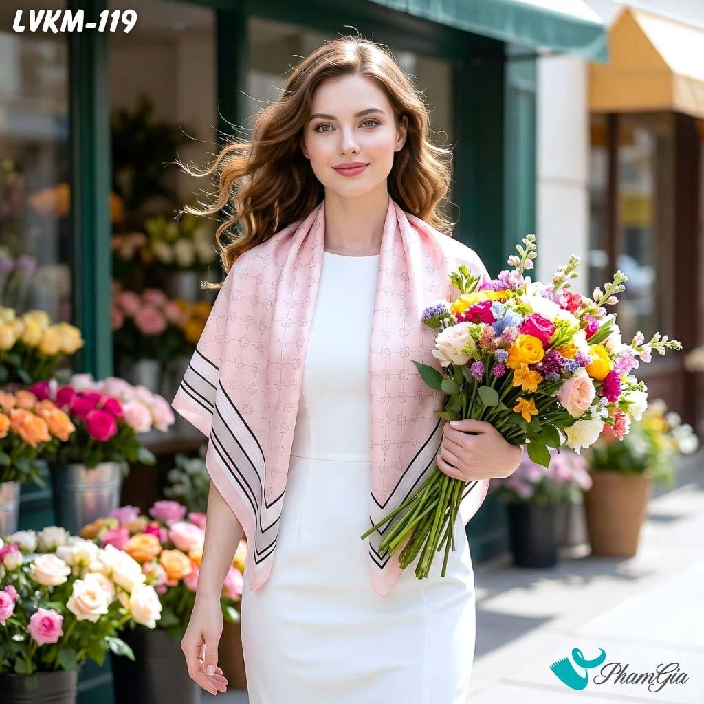 Khăn Lụa Vuông 90*90Cm Họa Tiết Caro Màu Hồng Baby Thanh Lịch (LVKM119)