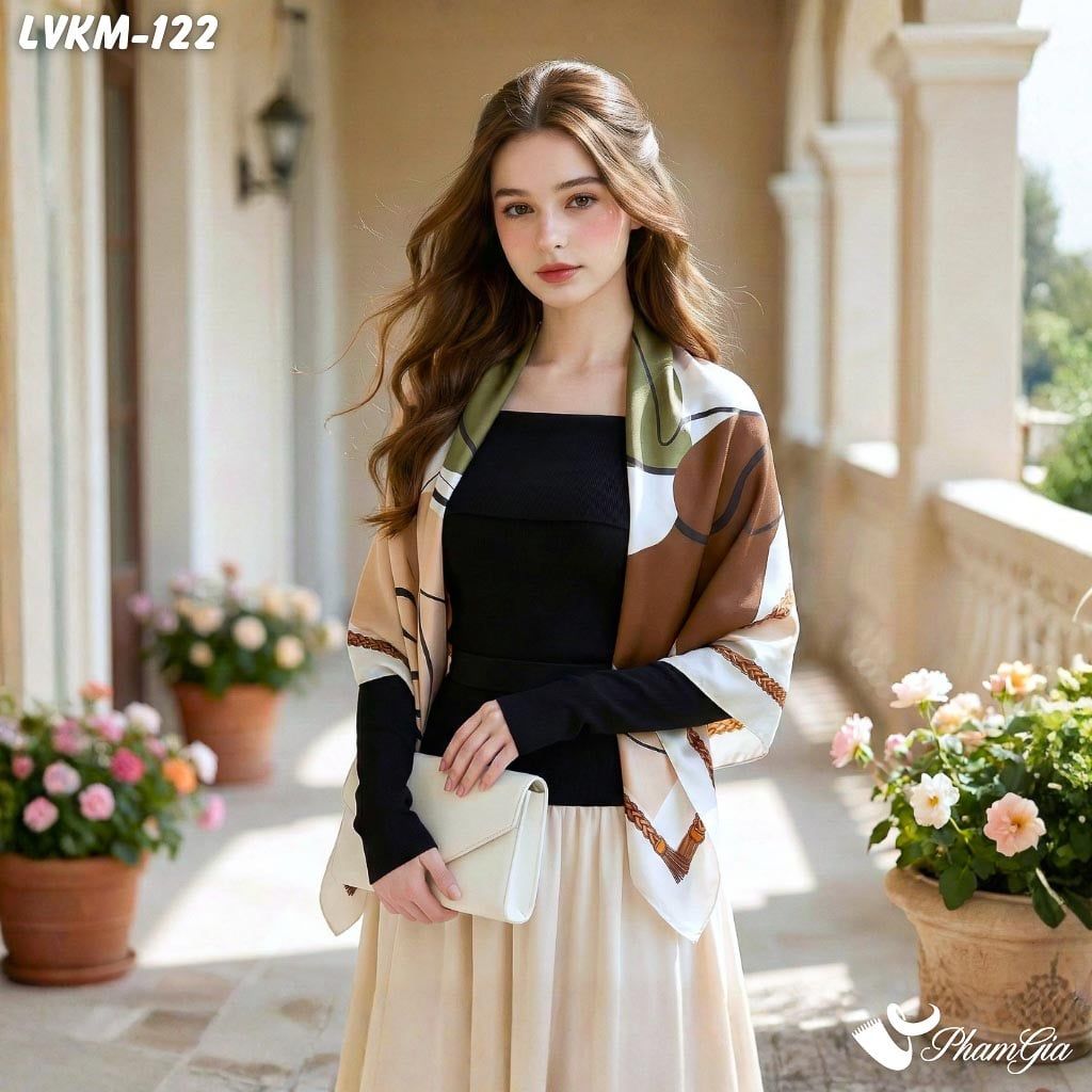 Khăn Lụa Vuông 90*90Cm Họa Tiết Retro Phối Màu Nền Kem Thanh Lịch (LVKM122)