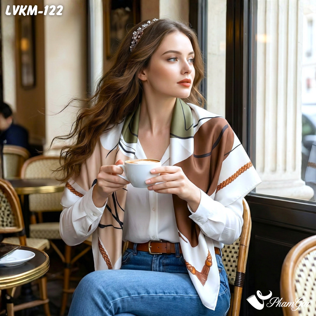 Khăn Lụa Vuông 90*90Cm Họa Tiết Retro Phối Màu Nền Kem Thanh Lịch (LVKM122)