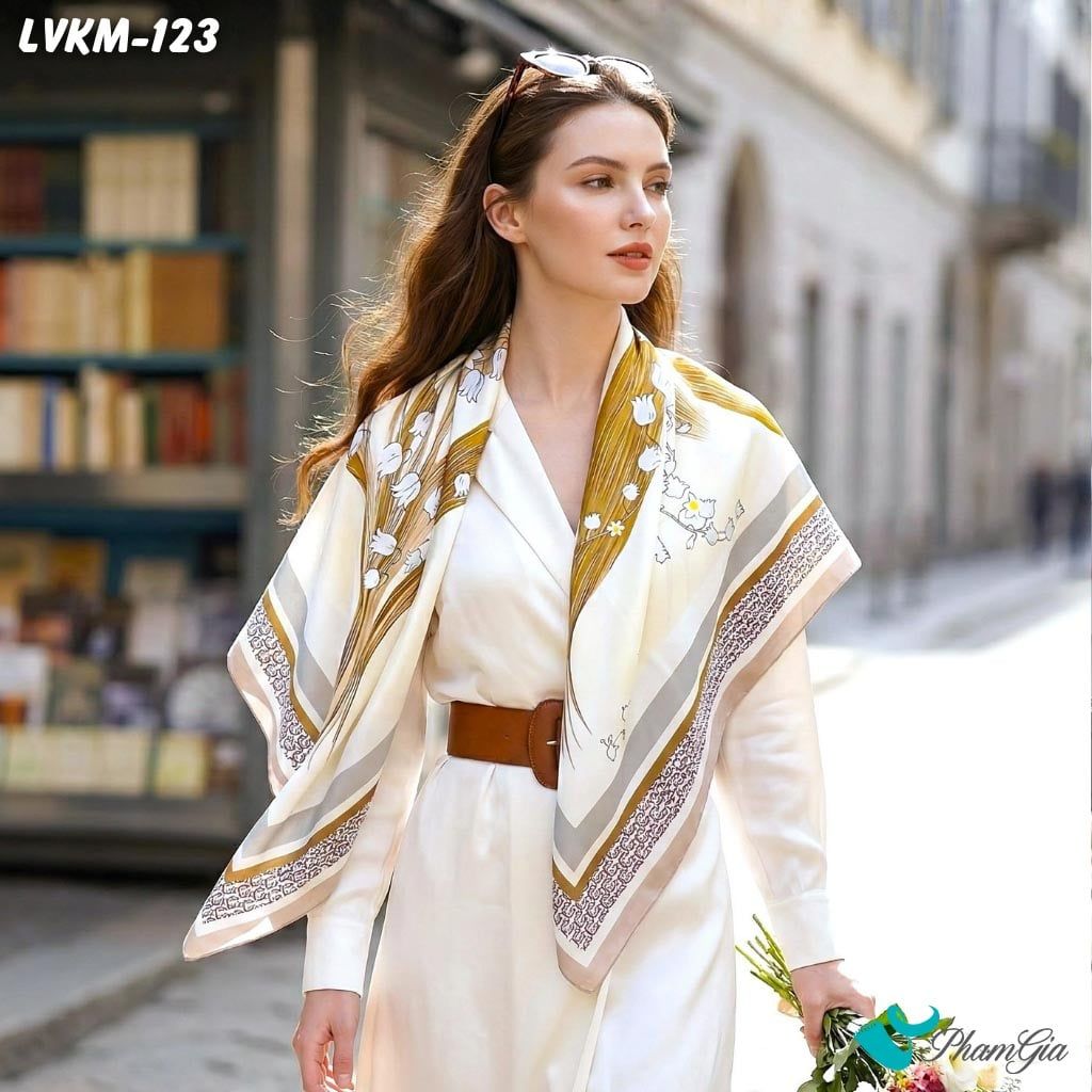 Khăn Lụa Vuông 90*90Cm Họa Tiết Hoa Linh Lan Màu Nâu Tây Thanh Lịch (LVKM123)