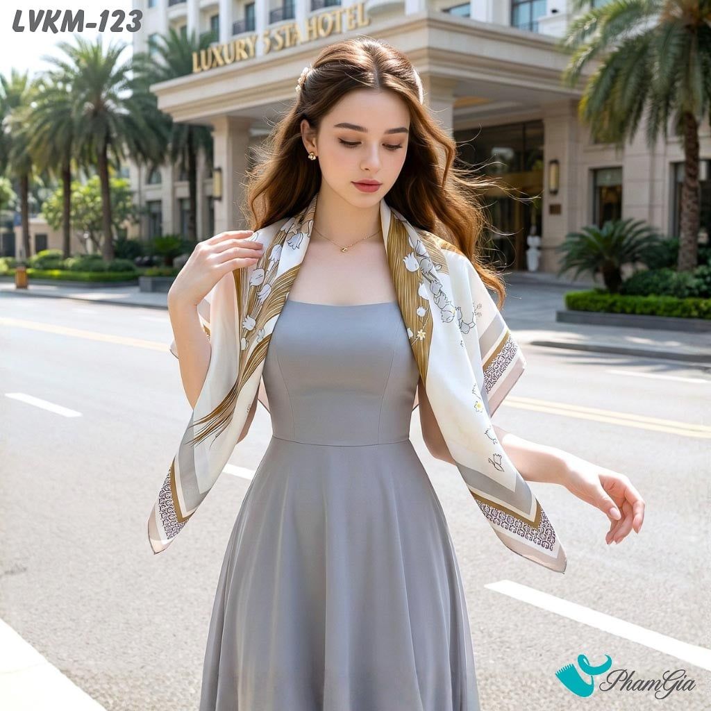 Khăn Lụa Vuông 90*90Cm Họa Tiết Hoa Linh Lan Màu Nâu Tây Thanh Lịch (LVKM123)