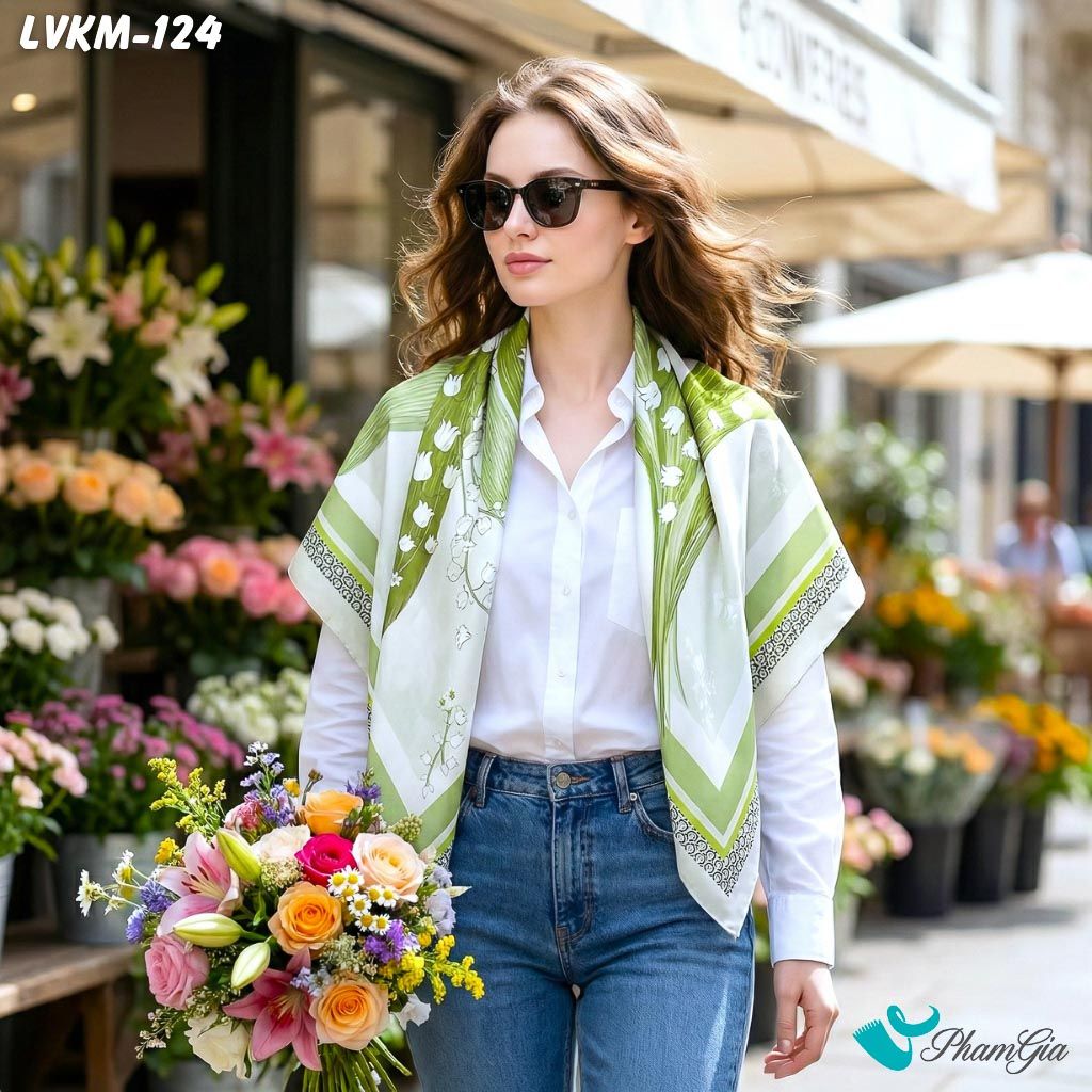 Khăn Lụa Vuông 90*90Cm Họa Tiết Hoa Linh Lan Màu Xanh Bơ Thanh Lịch (LVKM124)