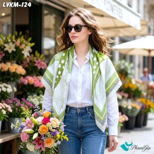 Khăn Lụa Vuông 90*90Cm Họa Tiết Hoa Linh Lan Màu Xanh Bơ Thanh Lịch (LVKM124)