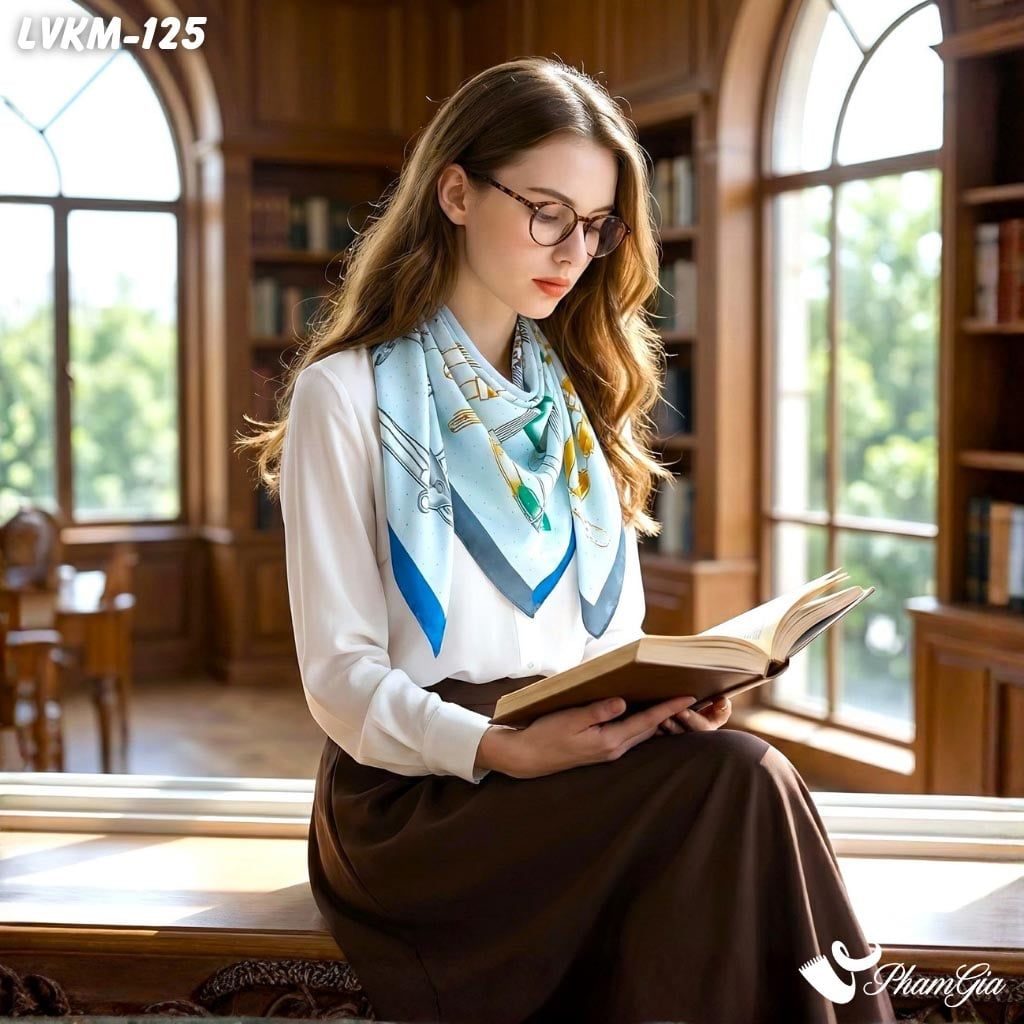 Khăn Lụa Vuông 90*90Cm Họa Tiết Retro Màu Xanh Baby Hiện Đại (LVKM125)