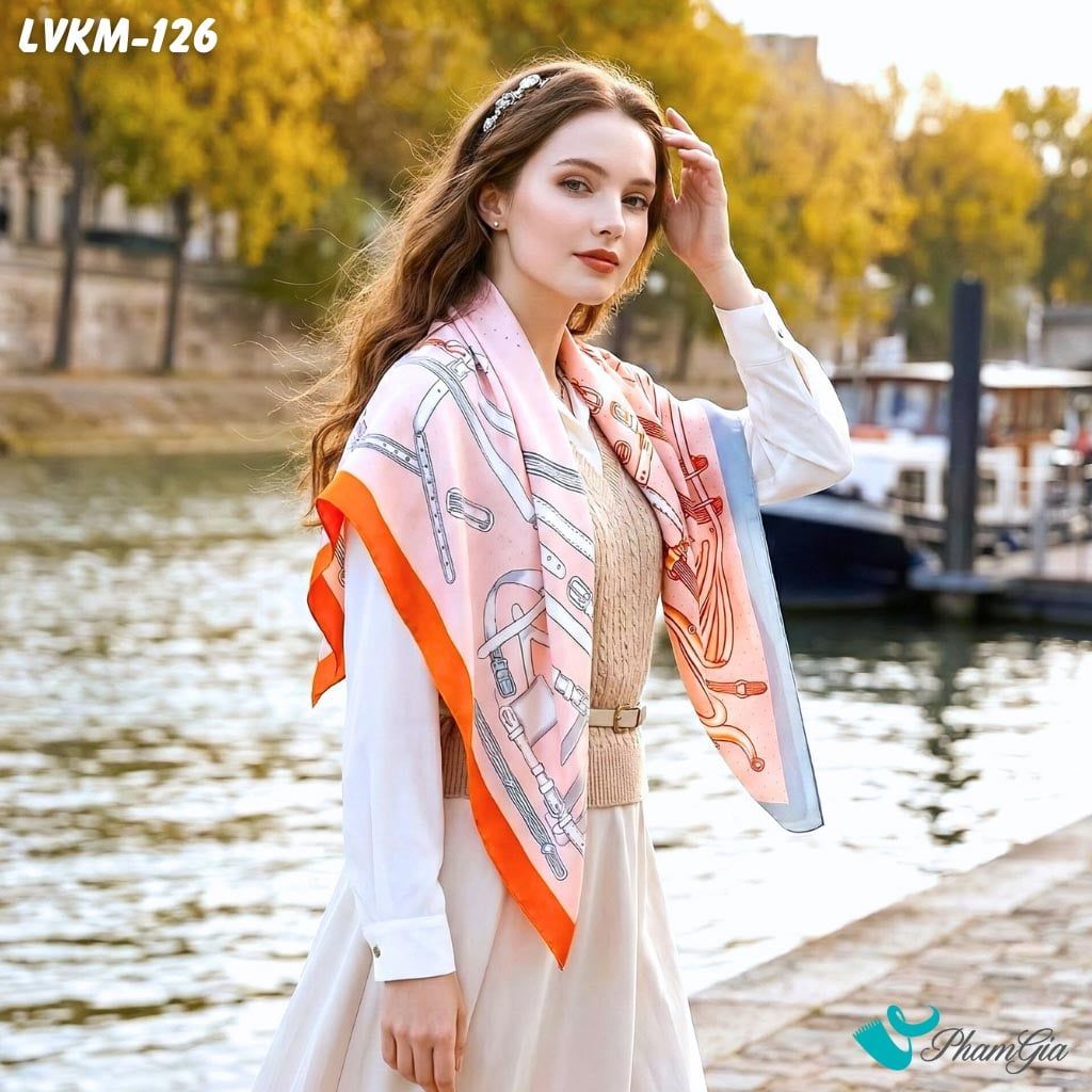 Khăn Lụa Vuông 90*90Cm Họa Tiết Retro Màu Cam Sữa Hiện Đại (LVKM126)