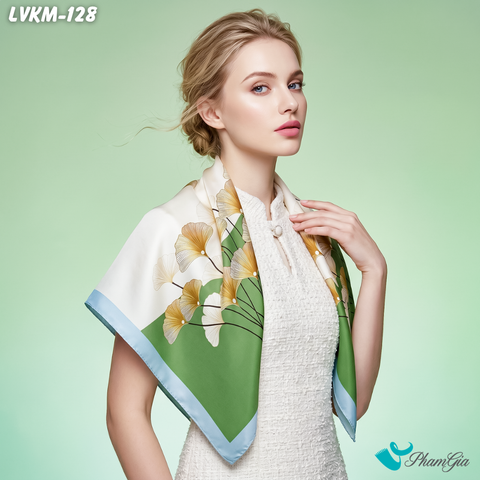 Khăn Lụa Vuông Karma 90*90Cm Họa Tiết Hoa Rẻ Quạt Phối Nền Kem Trang Nhã (LVKM128)