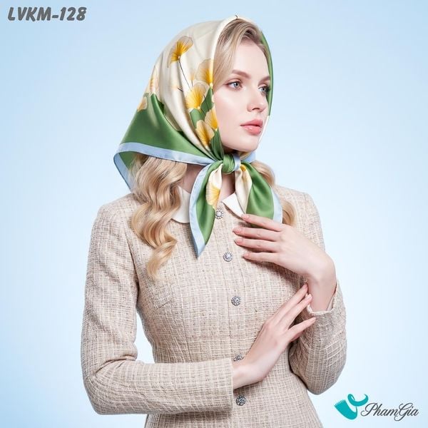 Khăn Lụa Vuông Karma 90*90Cm Họa Tiết Hoa Rẻ Quạt Phối Nền Kem Trang Nhã (LVKM128)