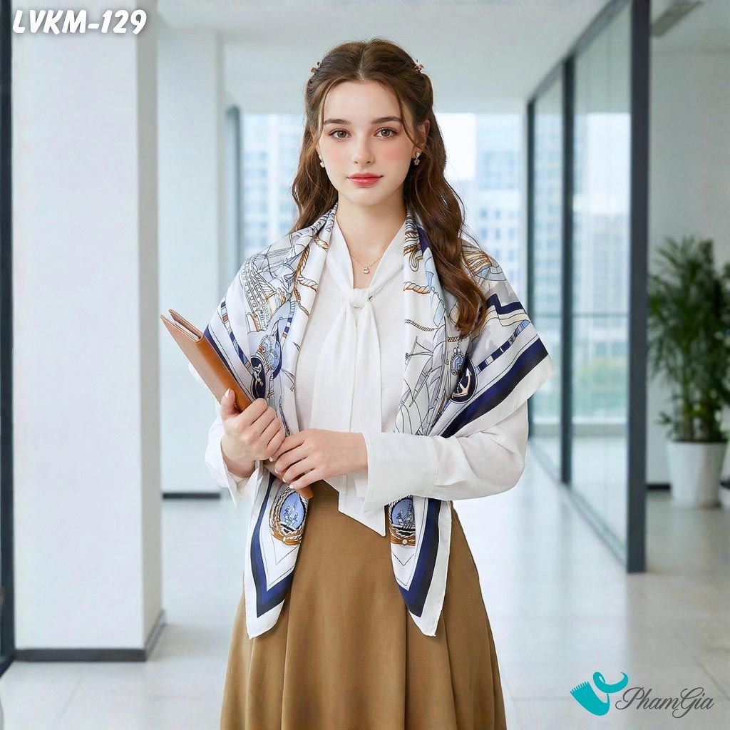 Khăn Lụa Vuông 90*90Cm Họa Tiết Hải Quân Phối Màu Trắng - Xanh (LVKM129)