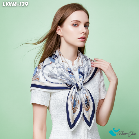 Khăn Lụa Vuông Karma 90*90Cm Họa Tiết Hải Quân Phối Màu Trắng - Xanh (LVKM129)