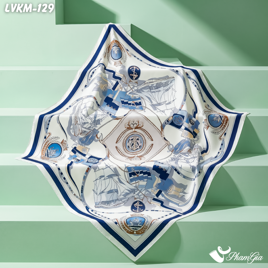 Khăn Lụa Vuông Karma 90*90Cm Họa Tiết Hải Quân Phối Màu Trắng - Xanh (LVKM129)