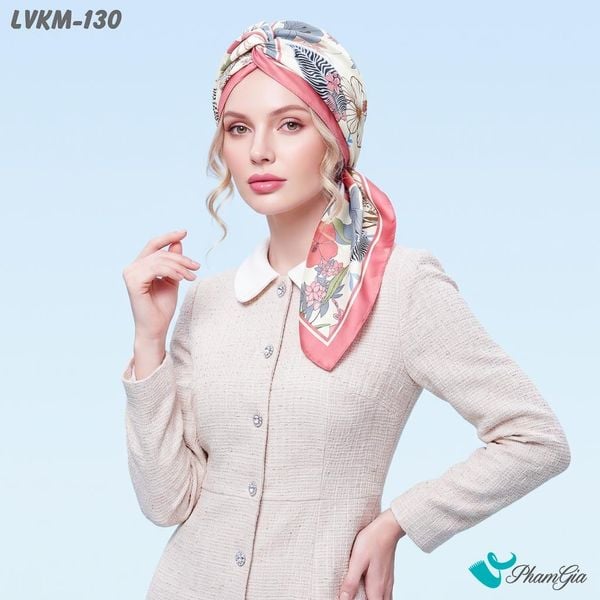 Khăn Lụa Vuông Karma 90*90Cm Họa Tiết Hoa Nhiệt Đới Màu Hồng San Hô (LVKM130)