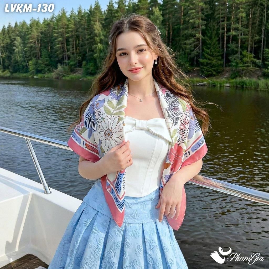 Khăn Lụa Vuông 90*90Cm Họa Tiết Hoa Nhiệt Đới Màu Hồng San Hô (LVKM130)